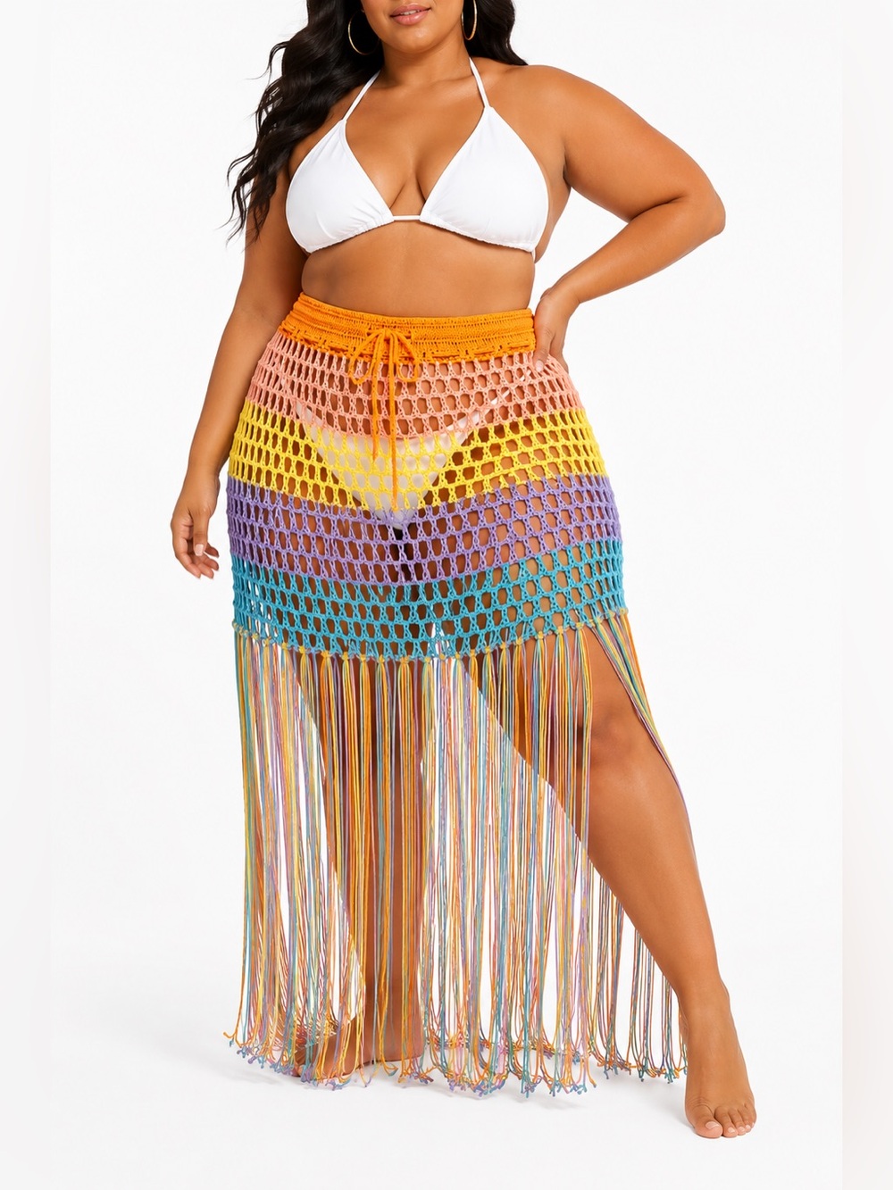 SHEIN Curve 3XL Crochet Fringe Swim Cover Up Skirt Multicolor Beach Sarong NWOT